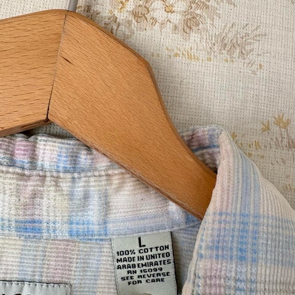 Vintage 90s spring cream blue pink plaid corduroy long sleeve button down shirt - Picture 6 of 8